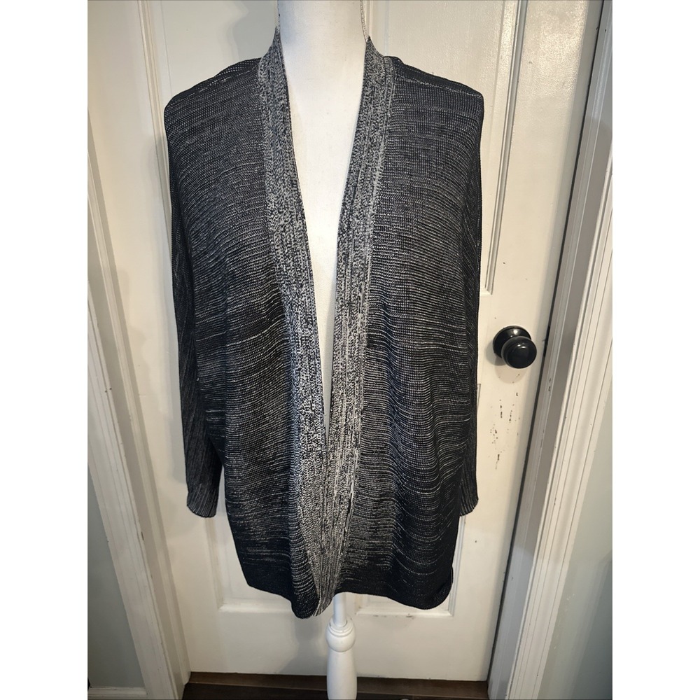 EILEEN FISHER Black Space Dye Silk‎ Organic Cotton Blend Open Front Cardigan XL